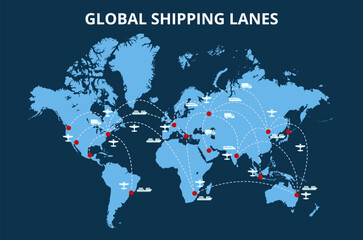 Global shipping lanes. Transportation paths and shipping routes on world map with airplane, cargo ship, train and truck icons. Connected international trade hubs vector infographic.