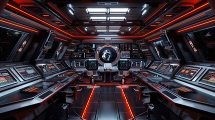Obraz premium Futuristic Spaceship Interior with Control Panel and Earth Display