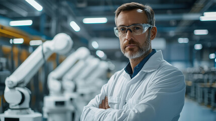 Fototapeta premium A confident engineer in lab coat stands with arms crossed, showcasing determination and focus in modern industrial setting.