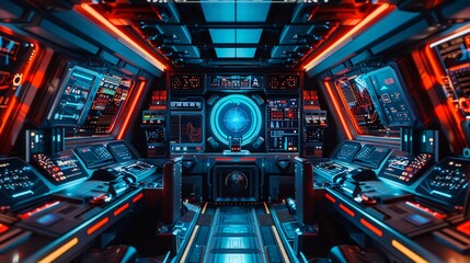 Fototapeta premium Futuristic spaceship control room with glowing red and blue lights