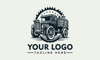 Vintage truck with wooden vector logo bed full of hay, conveying rustic charm. Suitable for farm, agriculture, transportation, vintage themes.