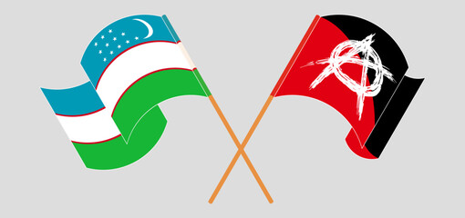 Crossed and waving flags of Uzbekistan and Anarchy