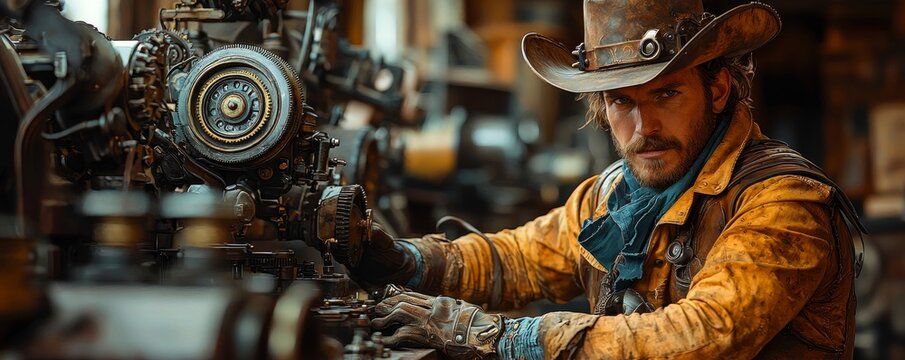 A skilled craftsman working meticulously on machinery, showcasing dedication and expert craftsmanship in a rustic workshop setting.