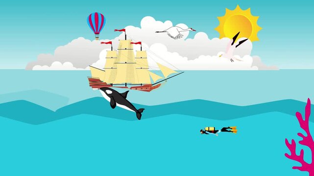 sailboat on wave wale and diver in sea. cloudy sky and sun animation cartoon