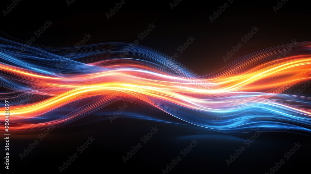 Poster dynamic wave of vibrant colors merging in fluid motion, creating a mesmerizing visual effect on a da