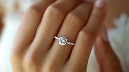 A close up of beautiful engagement ring on hand, showcasing sparkling diamond and elegant band, evoking feelings of love and commitment.