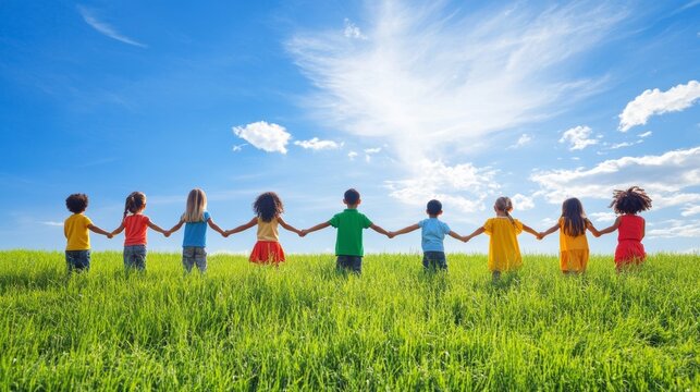 A group of diverse children holding hands in a green field under a bright sky symbolizing a hopeful future. - Powered by Adobe
