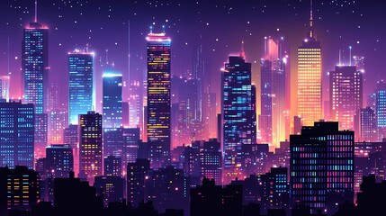 A city skyline at night, with illuminated skyscrapers dominating the urban landscape