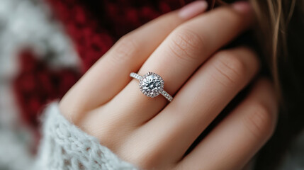 A close up of hand wearing sparkling engagement ring, showcasing joy and elegance. soft focus background adds warmth to image.