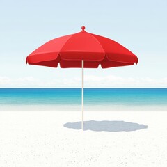A vibrant red beach umbrella standing alone on the white sand, with a serene blue ocean in the background under a clear sky.