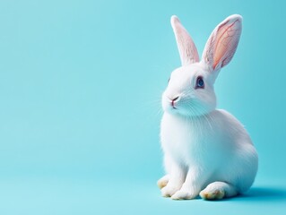 Obraz premium White Rabbit with Pink Ears and Blue Eyes on a Turquoise Background A Sideways Glance