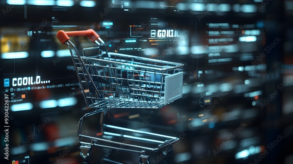 Poster digital shopping cart with checkout screen and payment options