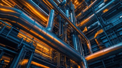 Pipes running overhead in a large industrial facility, representing the infrastructure of modern industry.