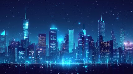 A city skyline at night, with illuminated skyscrapers dominating the urban landscape