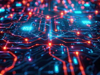 Fototapeta premium Futuristic circuit board with glowing blue and red lights, representing advanced technology and digital innovation.