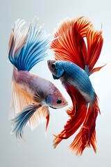 Fototapeta premium Two vibrant Siamese fighting fish with flowing red and blue fins swim gracefully against a clean white background.