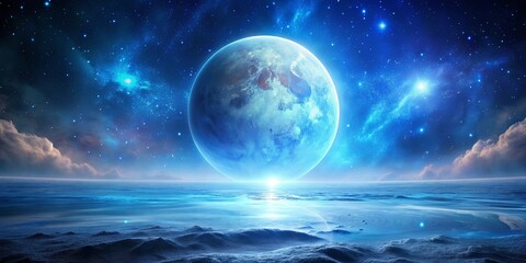 of a stunning blue moon space landscape with a fantasy cosmos backdrop