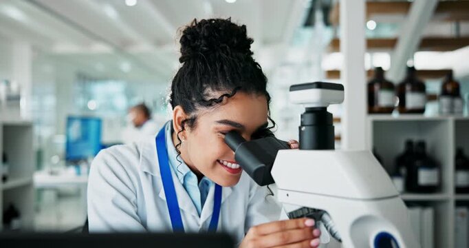 Woman, research and microscope in laboratory, smile and medical for healthcare study or biotechnology. Equipment, scientist person and science in gene therapy repair, breakthrough and dna testing