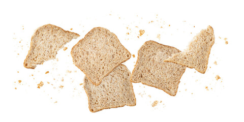 Cutting slices of wholegrain wheat bread with crumbs flying isolated on white background. Toast bread pieces.