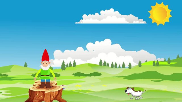 Gnome sitting on the trunk, countryside landscape, green hills clous sky sun animation clip