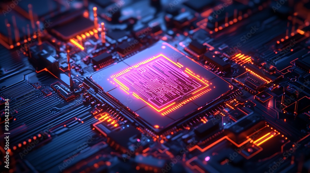 Canvas Prints Glowing Circuit Board with a CPU in the Center