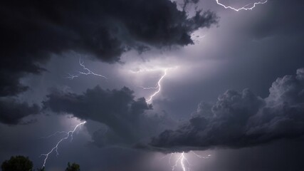 Fototapeta premium Scary and very dark lightning thunderstorm flash over the sky. Concept on topic weather, cataclysms hurricane, Typhoon, tornado, storm