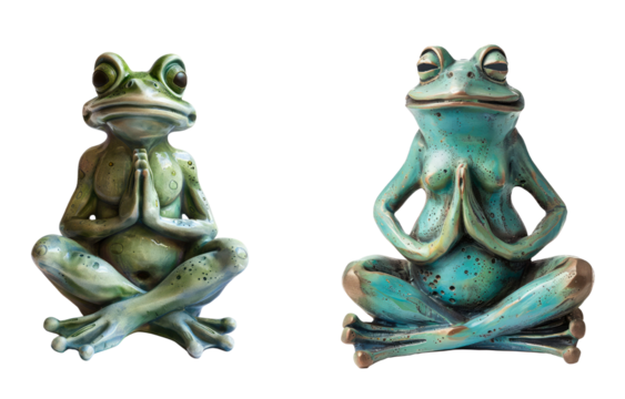 Set of a meditating frog statue in a lotus position isolated on transparent background.