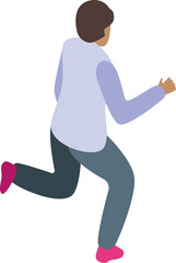 Young man is running away from something, viewed from the back in this isometric illustration