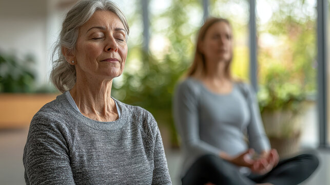 Two women meditating in serene environment, expressing calmness and tranquility. older woman has her eyes closed, embodying peace.