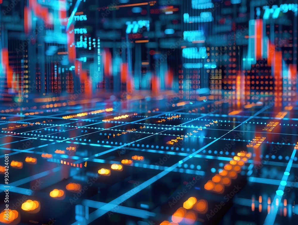 Poster futuristic digital landscape with glowing graphs and data streams, ideal for technology and finance 