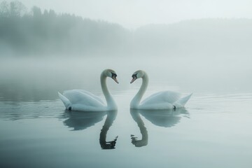 Two Swans Facing Each Other in a Misty Lake