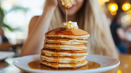 A woman enjoying a stack of pancakes dripping with syrup at a diner, unhealthy food concept.