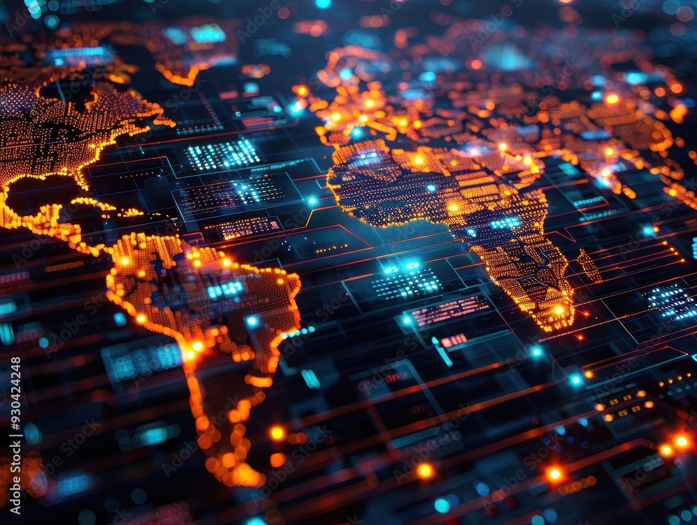 Poster futuristic digital map of the world illuminated by neon lights, representing global connectivity and