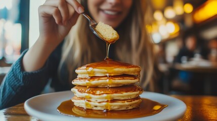 A woman enjoying a stack of pancakes dripping with syrup at a diner, unhealthy food concept.