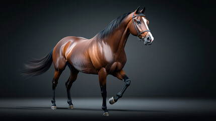 Obraz premium A majestic brown horse gracefully walking against a dark backdrop, showcasing its beauty and strength.