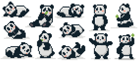 Pixel art panda bear. Cute retro 8 bit pandas pixelated animal mascot in various poses, 90s retro video game style stickers. Bamboo Chinese bears vector kawaii illustration set © WinWin