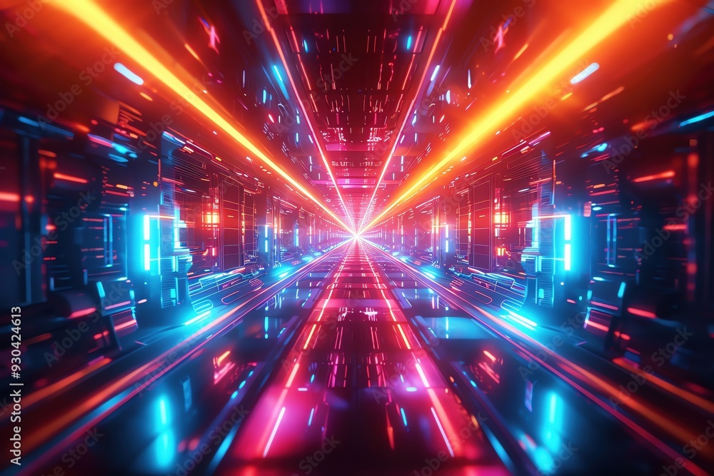 Poster futuristic digital tunnel with vibrant neon lights creating a dynamic environment of speed and techn