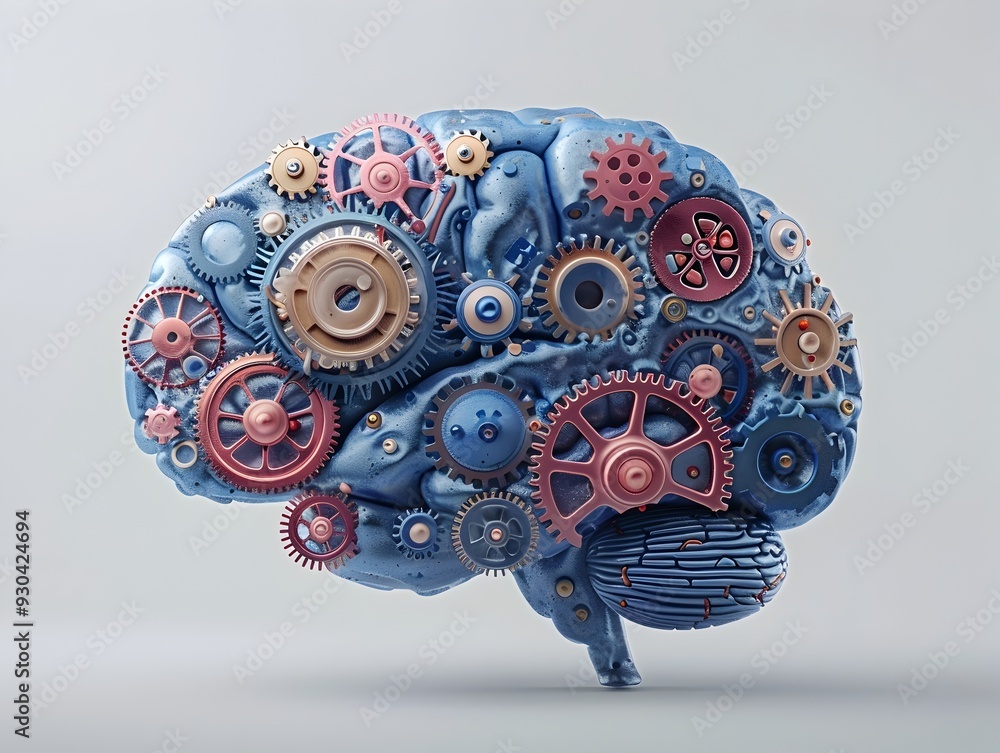 Poster mechanical brain gears representing the machinery of thought and concept of intelligence