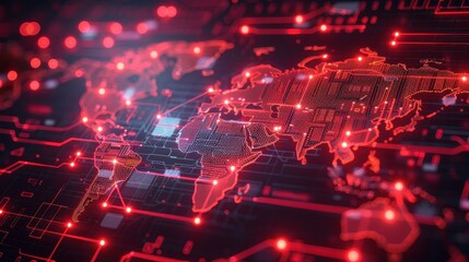 Obraz premium Futuristic digital world map with red circuitry, illustrating global connectivity and technology innovation.