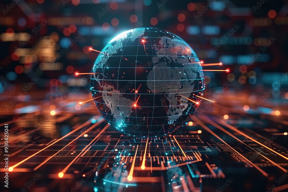 Poster futuristic globe with digital connections, showcasing technology and data visualization in a vibrant