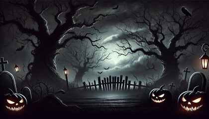 A dark-themed Halloween background with eerie, misty atmosphere. 
