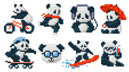 Pixel art cute pandas. Retro 8bit panda bear mascot riding bicycle and skateboard, ice skating and surfing, holding umbrella and cold drink, wearing glasses and headphones vector illustration set © WinWin