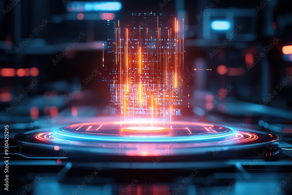 Poster futuristic holographic display in vibrant colors, showcasing data streams and technology, perfect fo