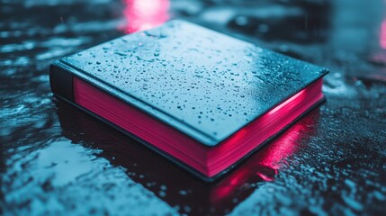 Closed glowing pink book with raindrops on cover in neon light