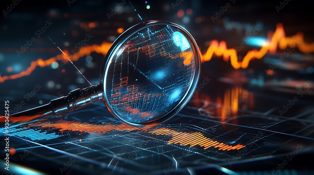 Poster magnifying glass examining digital data and graphs