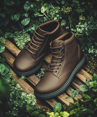 pair of eco-friendly vegan leather boots, placed on a wooden surface surrounded by greenery. The boots have a matte finish, with detailed stitching and a minimalist design