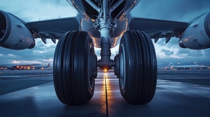 Modern Airplane on Runway at Twilight with Close-Up View of Tire