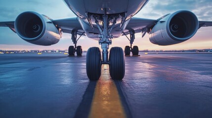 Modern Airplane on Runway at Twilight with Close-Up View of Tire