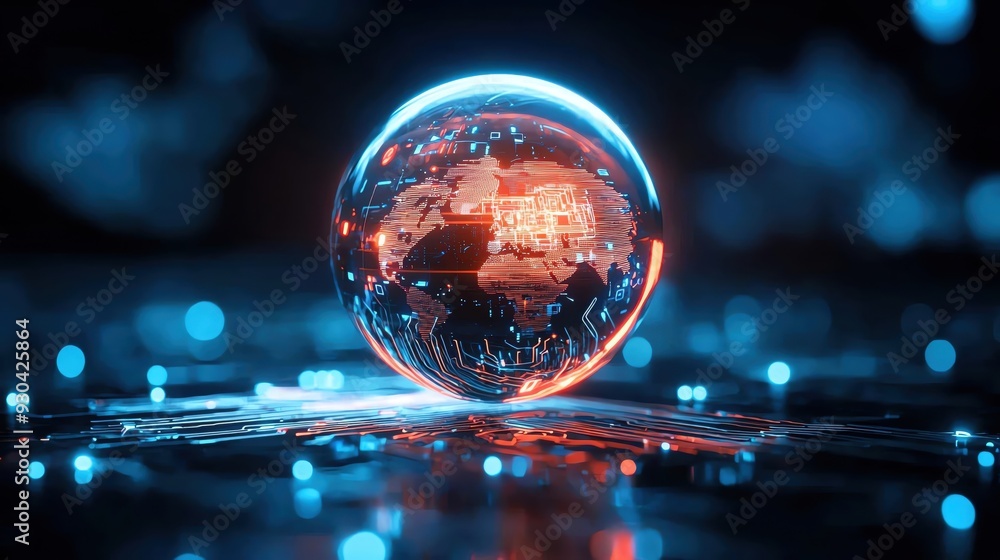 Poster futuristic orb representing connectivity and technology, surrounded by vibrant glowing particles. a 