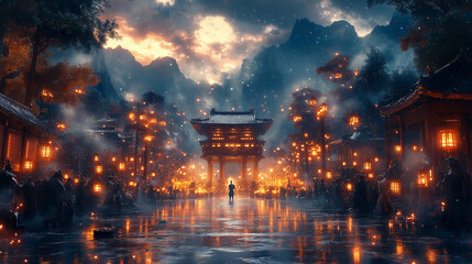 Obraz premium A martial artist stands victorious in an outdoor arena under a starry night sky, Ai